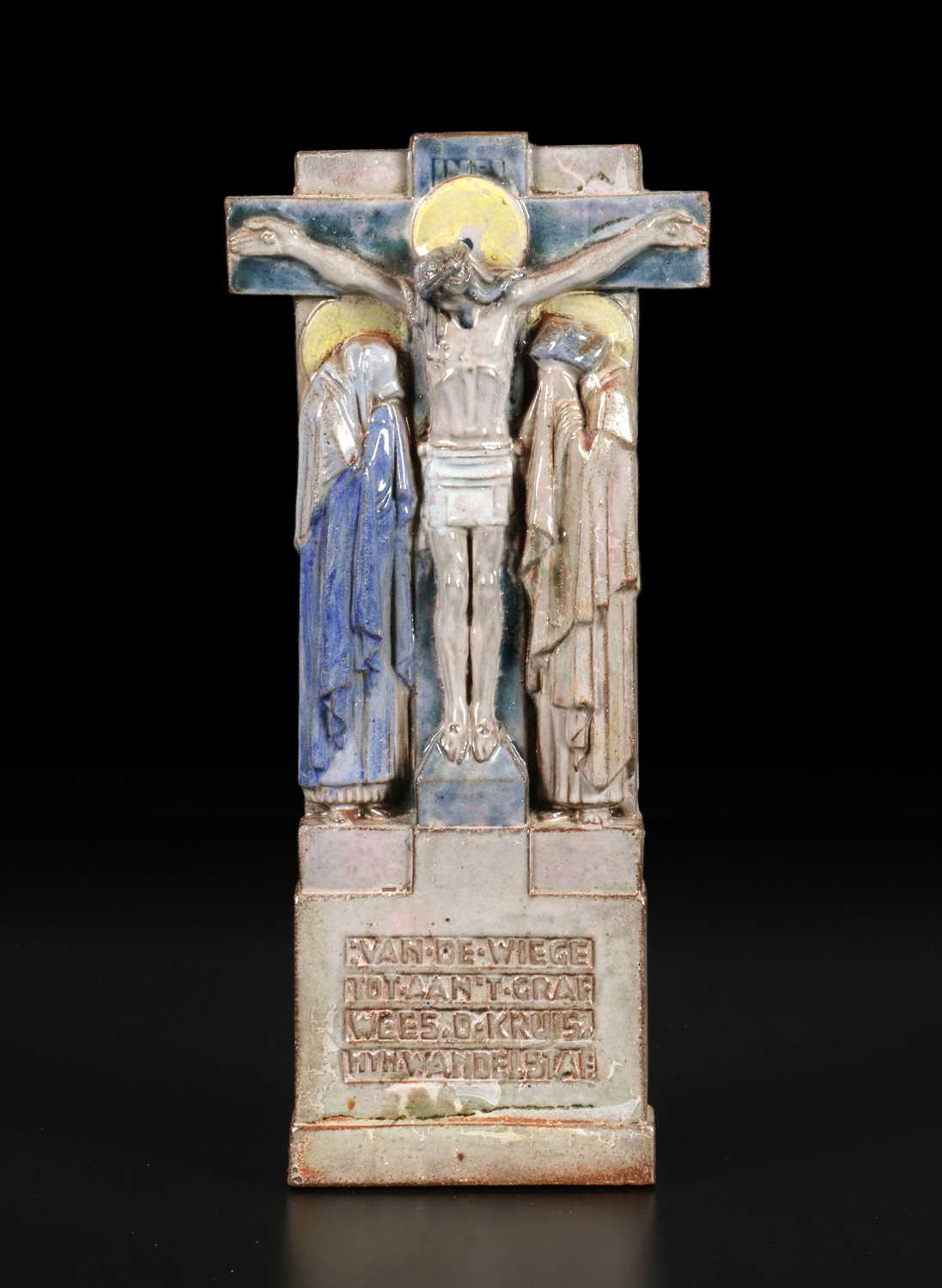 Lot 132 - Polychrome Glazed Ceramic Relief of the Crucifixion