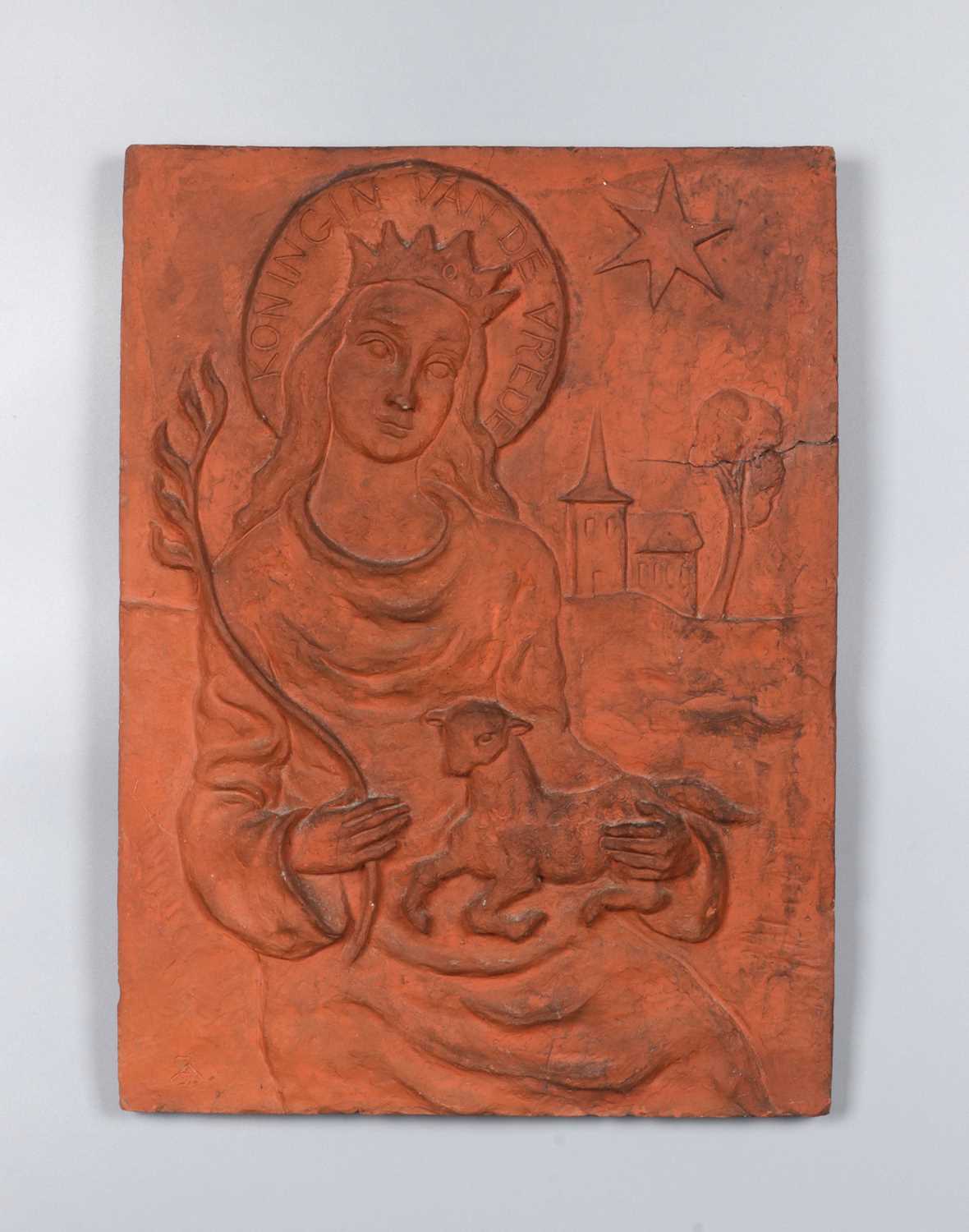Lot 143 - Terracotta Tile of Queen of Peace with Lamb