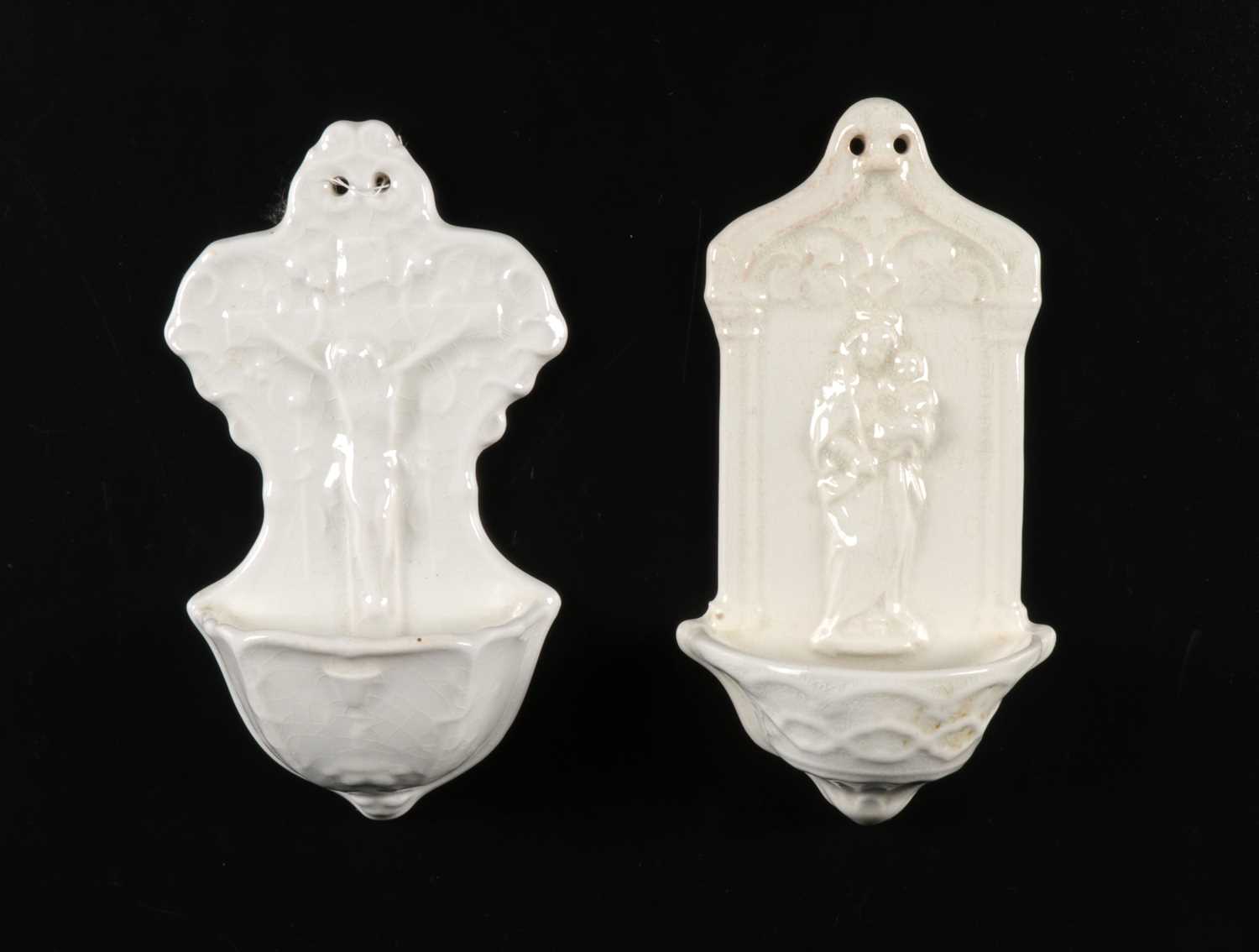 Lot 88 - Pair Holy Water Fonts Depicting Christ on the Cross and Madonna and Child, by Petrus Regout