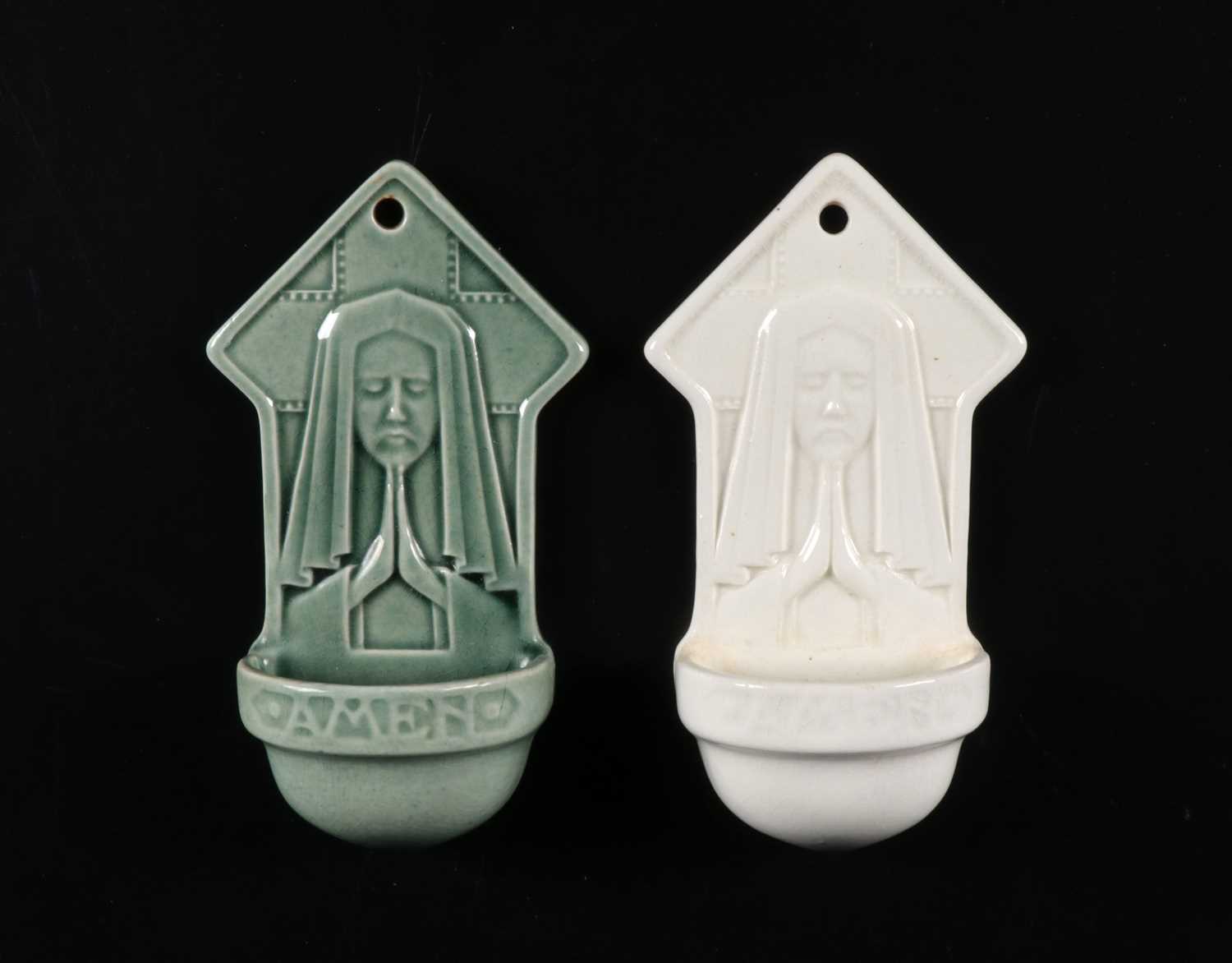 Lot 89 - Pair of Ceramic Holy Water Fonts Depicting a Praying Nun, by Petrus Regout