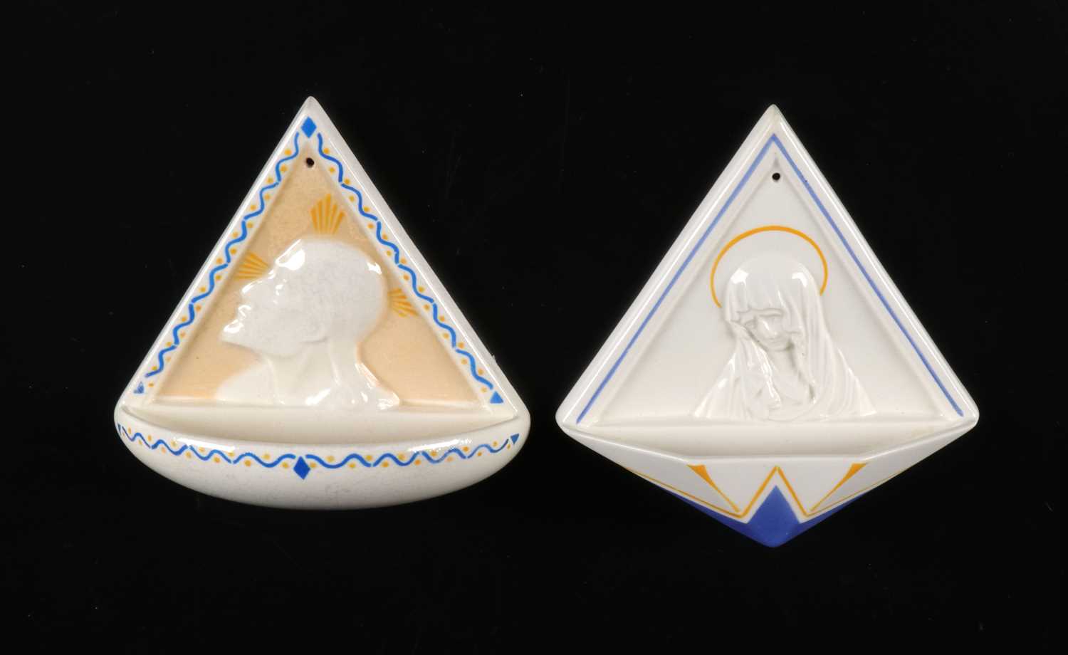 Lot 90 - Pair of Holy Water Fonts Depicting Christ and the Virgin Mary, by Société Céramique
