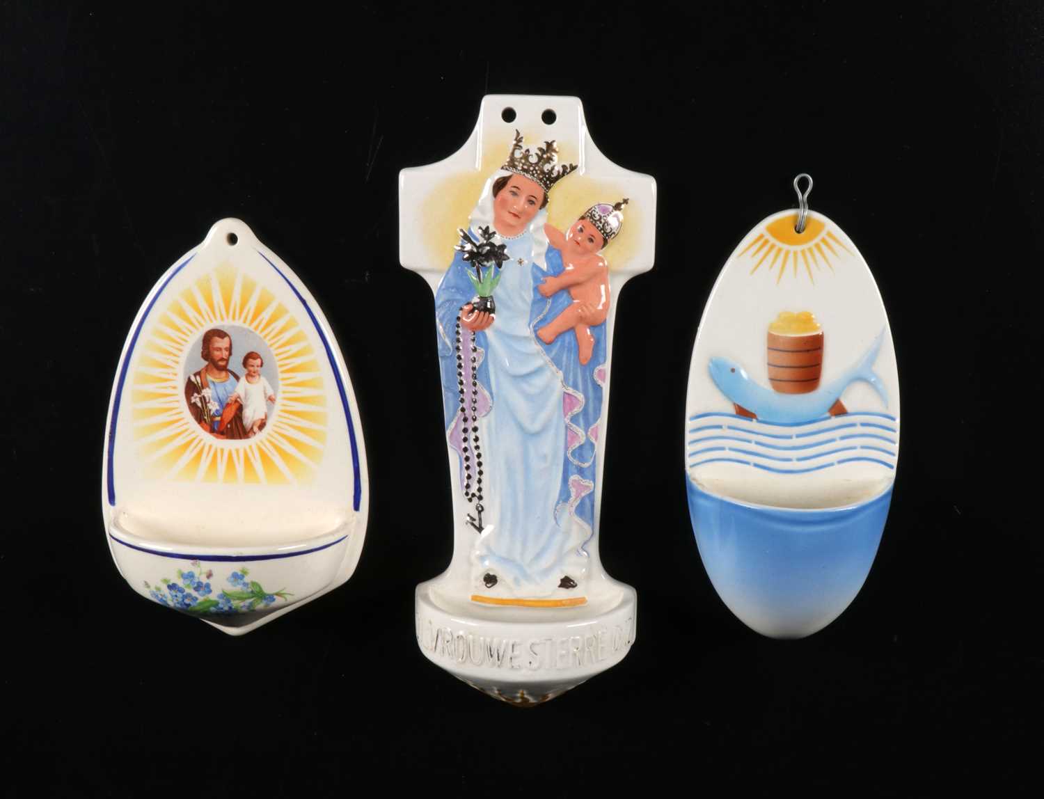 Lot 91 - Three Holy Water Fonts Depicting Religious Scenes, by Société Céramique