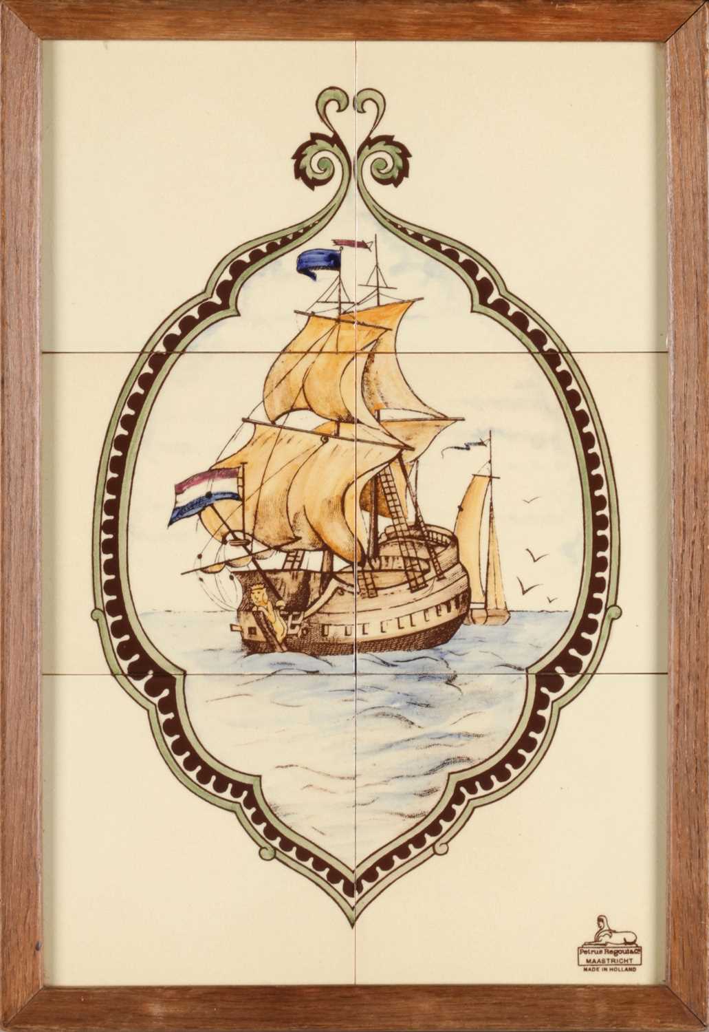 Lot 14 - Zesdelig tegeltableau met zeilschip, Petrus Regout, Maastricht
