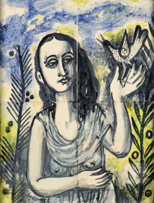 Lot 541 - Vierdelig tegeltableau met vrouwenfiguur en vogel, Charles Eyck.