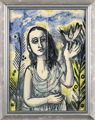 Lot 541 - Vierdelig tegeltableau met vrouwenfiguur en vogel, Charles Eyck.