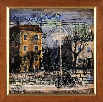 Lot 774 - Tegel met straatzicht en fietser, Charles Eyck