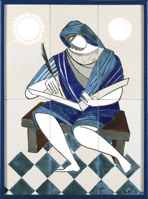 Lot 549 - Tegeltableau met schrijvende dame, Edmond Bellefroid.