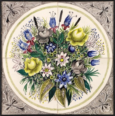 Lot 781 - Vierdelig tegeltableau met bloemenboeket, Charles EYCK
