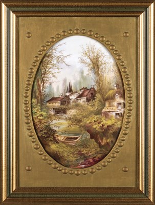 Lot 782 - Ovaal miniatuurschilderij op porselein met landschap en cottages. Bigot