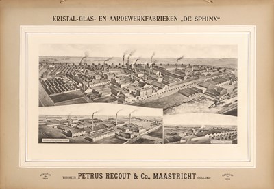 Lot 758 - Grote litho in lijst, Kristal-Glas- en Aardewerkfabrieken "De Sphinx", Maastricht.