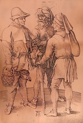 Lot 138 - Koperen Reproductieplaat naar Albrecht Dürer (1471 - 1528) – Drie Boeren in Gesprek ca 1850