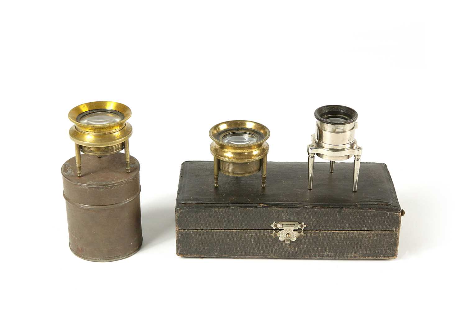 Lot 145 - Three Short Brass Tripod Microscopes, 19th century and later.