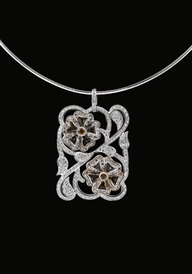 Lot 5 - White Gold Pendant with Diamond and Sapphires on Gold Necklace