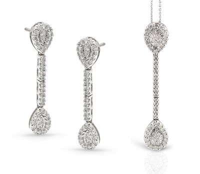 Lot 407 - White Gold Pendant with Diamonds on Gold Necklace / Pair of White Gold Ear Pendants with Diamonds