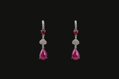Lot 86 - Pair of Gold Ear Pendants with Ruby and Diamonds