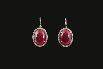 Lot 101 - Gold Ear Pendant each with a 1.48 Carats Ruby and Diamonds