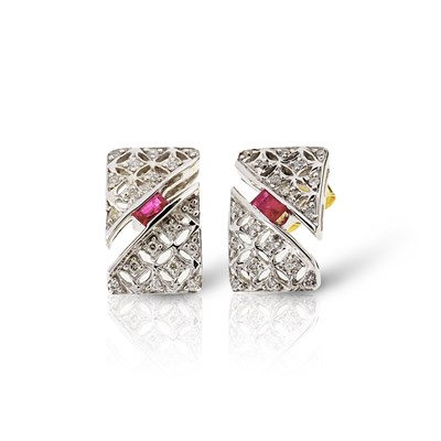 Lot 46 - Pair of Gold Ear Studs with Ruby and Diamonds