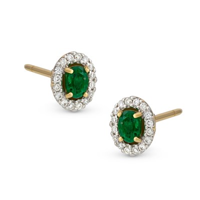 Lot 131 - Pair of Gold Ear Studs with Emerald and Rosette of Diamonds