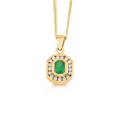 Lot 20 - 18K Gold Emerald and Diamond Pendant with 14K Gold Necklace