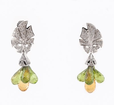 Lot 622 - Pair of Gold Ear Pendants with Diamonds, Peridot and Citrine