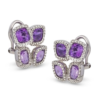Lot 634 - Pair of White Gold Ear Clips with Diamonds and Amethyst