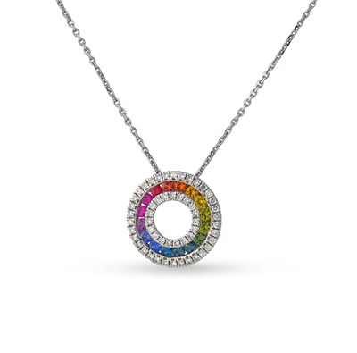 Lot 656 - Gold Pendant with Diamonds and Multi-color Sapphire on Gold Necklace