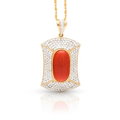 Lot 188 - Gold Pendant with Coral and Diamonds on Gold Necklace