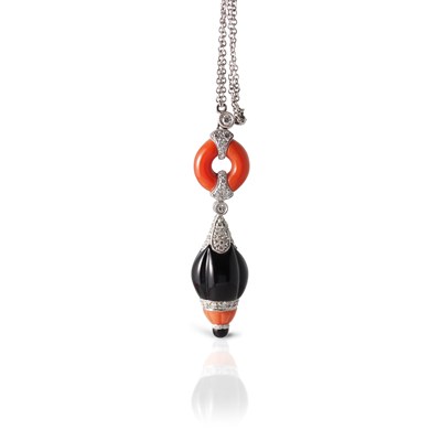 Lot 191 - Art-Deco Coral, Diamonds and Onyx Pendant on Gold Necklace