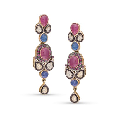 Lot 163 - Pair of Gold-Plated Ear Pendants with Pink Tourmalines, Lolites and Diamonds