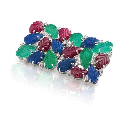 Lot 197 - Gold Brooch with Diamonds, carved Emerald, Ruby and Sapphire