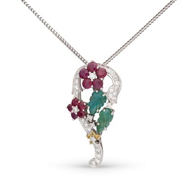 Lot 72 - White Gold Tutti-Frutti Pendant with Diamonds, Emeralds, Rubies and Sapphires