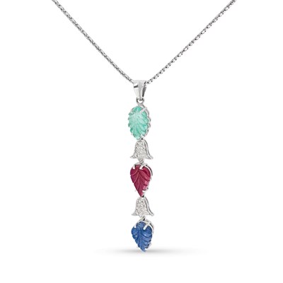Lot 73 - White Gold Tutti-Frutti Pendant with Emerald, Ruby, Sapphire, and Diamonds