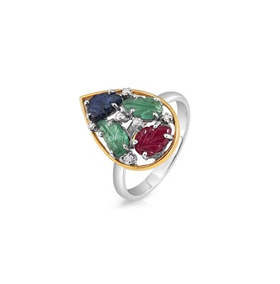 Lot 203 - Gold Ring with Diamonds, carved Emerald, Ruby and Sapphire