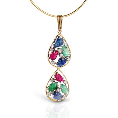 Lot 74 - A Tutti-Trutti Pendant with Diamonds, Emeralds, Rubies and Sapphires.