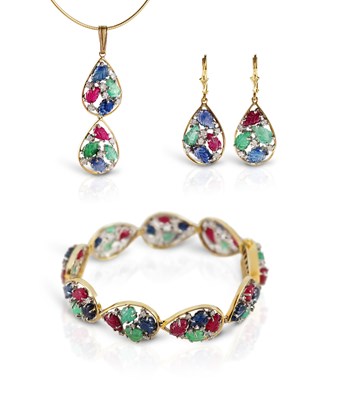 Lot 423 - An Emerald, Ruby, Sapphire, and Diamond "Tutti Frutti" Bracelet, Pendant and Ear Pendants Suite