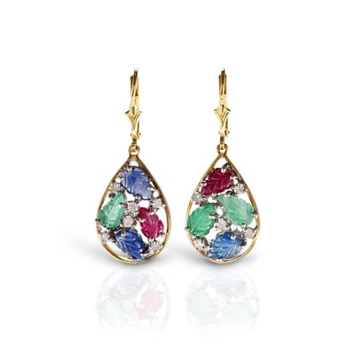 Lot 75 - Pair of Tutti-Frutti Ear Pendants with Diamonds, Emeralds, Rubies and Sapphires