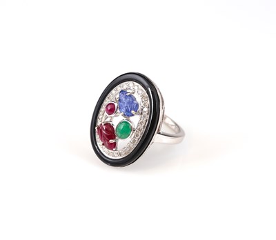 Lot 208 - Gold Ring with Diamonds, Onyx, carved Emerald, Ruby and Sapphire