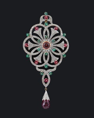 Lot 519 - A Gold and Silver Art-Deco Pendant with 400 Diamonds, Emeralds and Tourmaline
