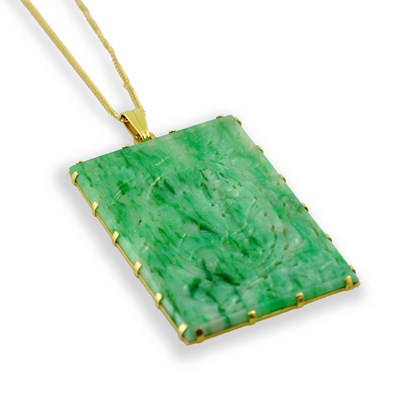 Lot 215 - Carved Rectangular Nephrite Pendant on Gold Necklace