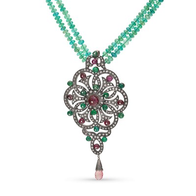 Lot 218 - Art-Deco Gold and Silver Pendant set with Emerald, Diamonds and Tourmaline