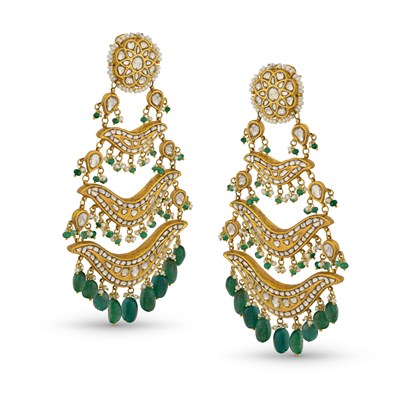 Lot 220 - Pair of Mughal style Gold Ear Pendants set with Emeralds and Diamonds