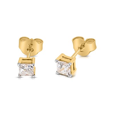 Lot 337 - Pair of Gold Ear Studs set with Princess - Cut Diamonds