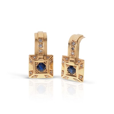 Lot 116 - Pair of 14K Gold, Diamond and Sapphire Ear Studs
