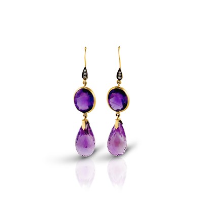 Lot 503 - Pair of Gold Ear Pendants set with Amethyst