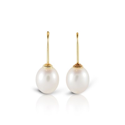 Lot 708 - Pair of Gold Ear Pendants with Cultured Solitaire Pearl