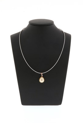 Lot 718 - Gold Pendant on Gold Necklace set with Diamond and Pearl