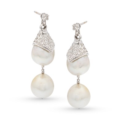 Lot 729 - White Gold Ear Pendants set with Diamonds and Pearls