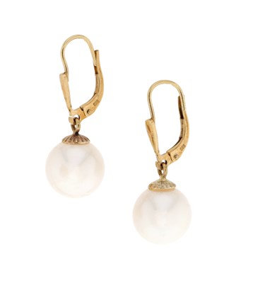 Lot 742 - Pair of Gold Ear Pendants with Cultured Solitaire Pearl