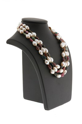 Lot 743 - Necklace with Pearls, Multi Color Tourmaline and Gold Lock