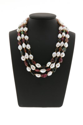 Lot 743 - Necklace with Pearls, Multi Color Tourmaline and Gold Lock